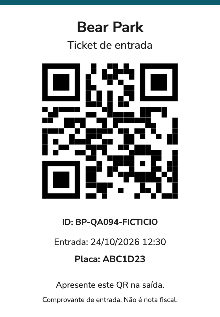 Ticket de demonstração Bear Park com QR, ID fictício, hora de entrada e placa fictícia